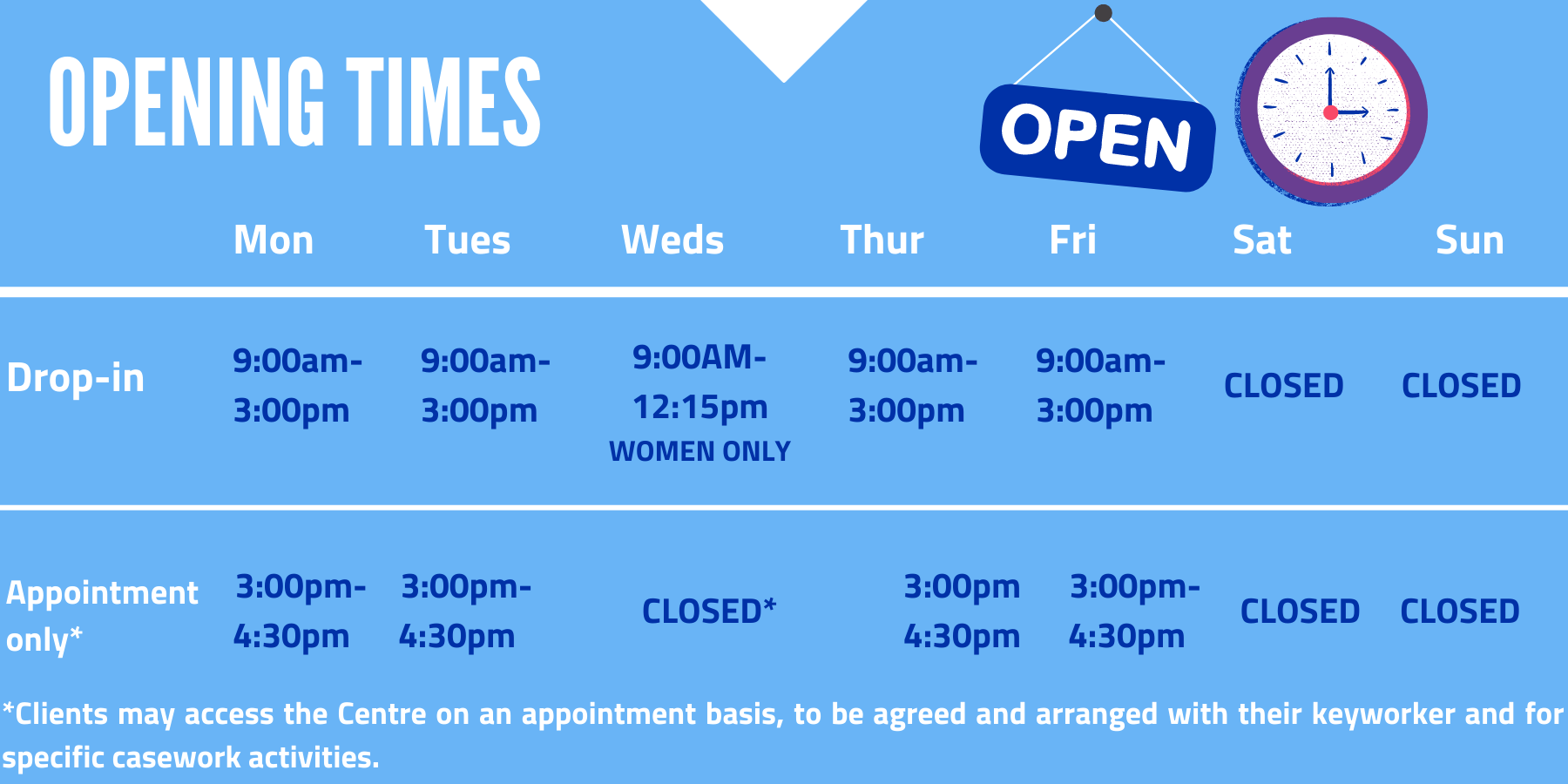 You can access The Connection’s resource centre at 12 Adelaide Street, London, WC2N 4HW on Mondays, Tuesdays, Thursdays and Fridays, at the following times - no appointment needed: In the morning: 9.00am -4pm.
