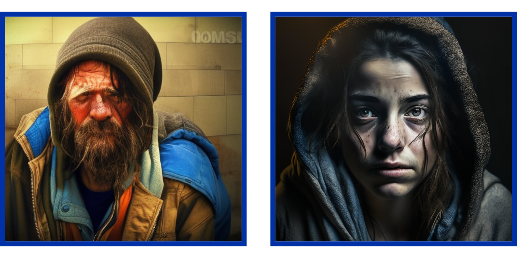 AI-generated images of people experiencing homelessness. They both look hopeless and disheveled. 